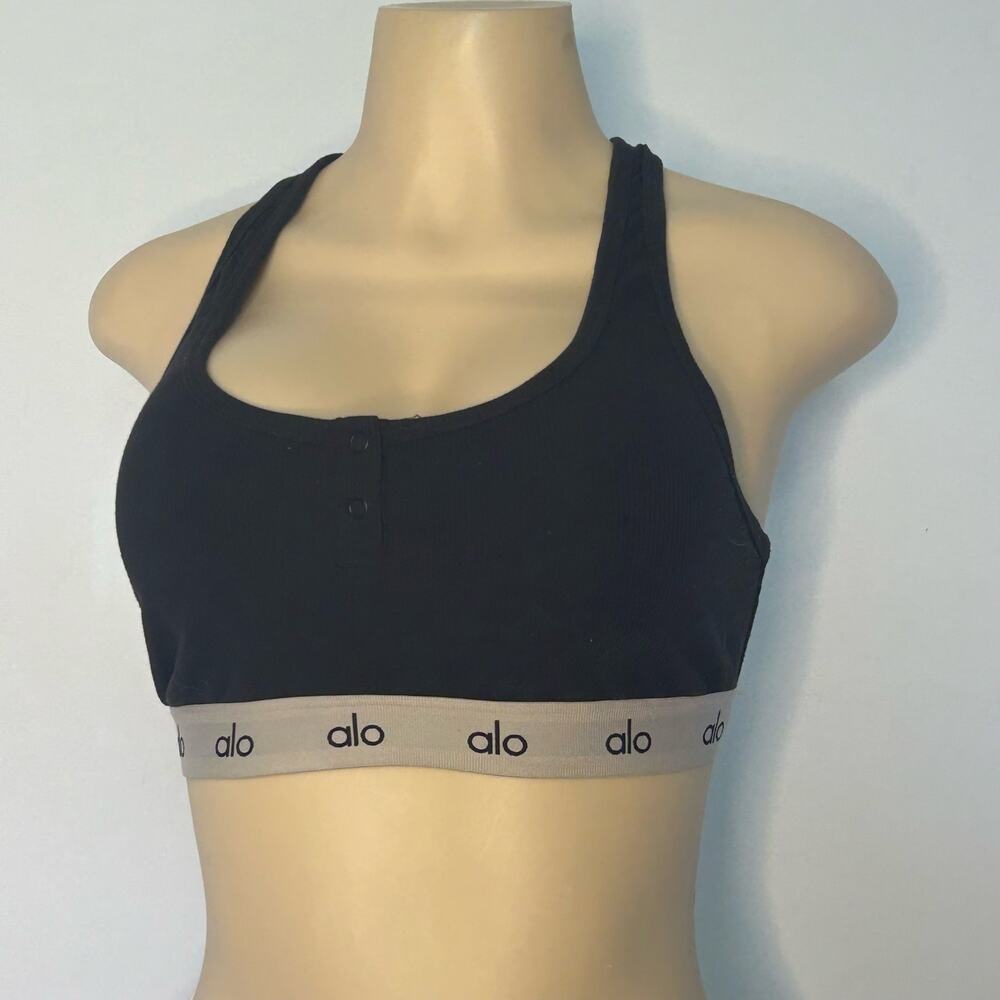 Alo Yoga Black Ribbed Racerback Sports Bra Logo Band Snap Front